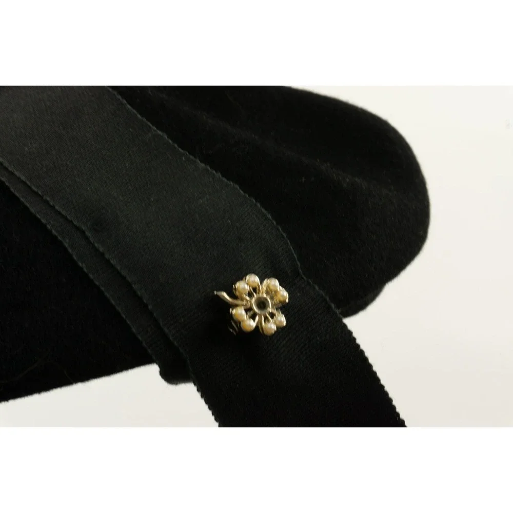 Vintage Glenover Felt Wool Beret Cap Henry Pollak Tat Gem Floral Pin Black